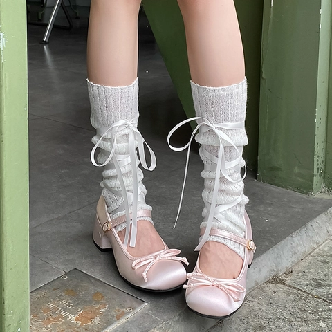 Women Knit Leg Warmers Balletcore Ribbed Slouch Socks With Satin Ribbon Bow JK Style Sweet Calf Covers