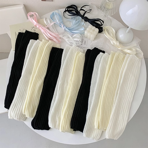 Women Knit Leg Warmers Balletcore Ribbed Slouch Socks With Satin Ribbon Bow JK Style Sweet Calf Covers