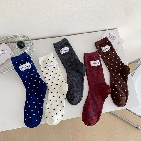 Cotton Polka Dot Slouch Socks For Women Vintage Patch Label Mid-Calf Crew Breathable Japanese Casual Style