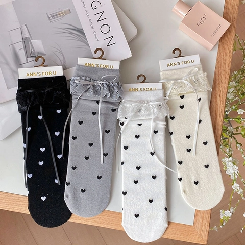 Calze Al Polpaccio Donna Cotone Motivo Cuore Pizzo Volant Fiocco Stile Giapponese Dolce Lolita Preppy