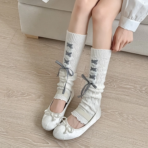 Jambières En Tricot Pour Femmes Filles Style Lolita Balletcore Torsades Nœud Ruban Laçage Doux Mode Chaussettes Chaudes