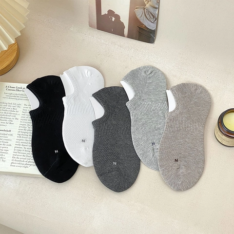 Men Low Cut Invisible Boat Socks Cotton Blend Mesh Breathable Non-Slip Silicone Heel Letter Embroidery Minimalist