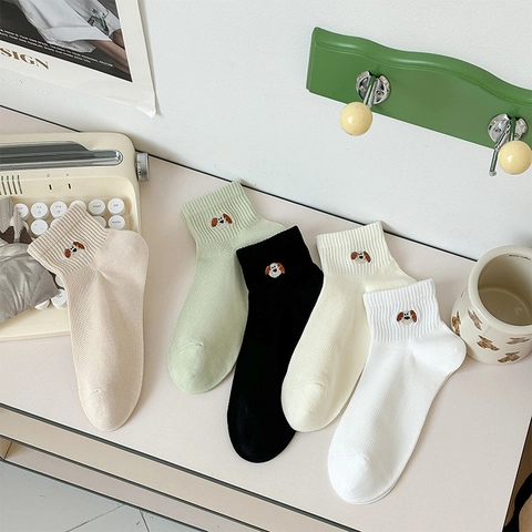 Damen Baumwolle Kurze Socken Atmungsaktives Mesh Welpen Stickerei Kawaii Japanischer Stil Lässig Knöchelstrümpfe