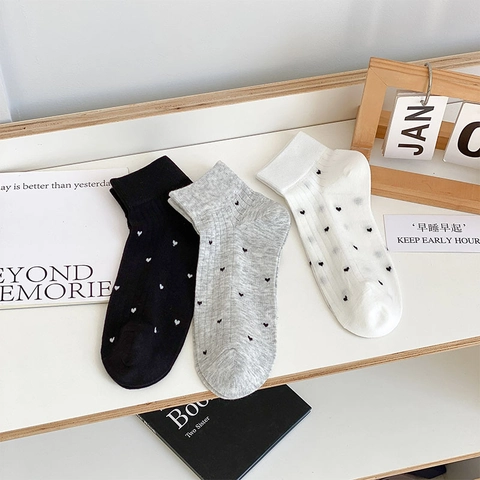 Calzini Alla Caviglia Donna Misto Cotone Traspiranti Polsini Costine Motivo Cuore Stile Giapponese Dolce Moda Coreana Ragazze