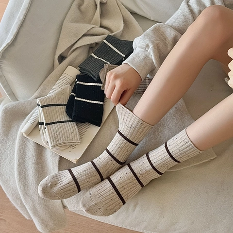 Calze Al Polpaccio A Righe Da Donna Misto Cotone Filato Confetti Stile Giapponese Retrò Traspirante Autunno Inverno