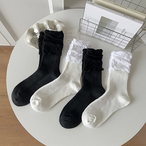 Damen Süße Lolita Wadenhohe Socken Baumwollmischung Spitze Patchwork Mesh Atmungsaktiv Rippstrick Socken Akademie Stil