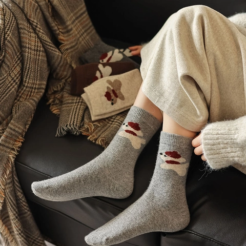 Damen Wollmischung Mittellange Socken Cartoon Hund Bär Jacquard Gerippt Verdickt Warm Herbst Winter Koreanischer Stil Süß