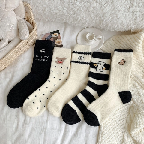 Calze Spesse E Calde Da Donna Inverno Pile Corallo Ricamo Cane Cartone Animato Strisce Pois Morbide Casa