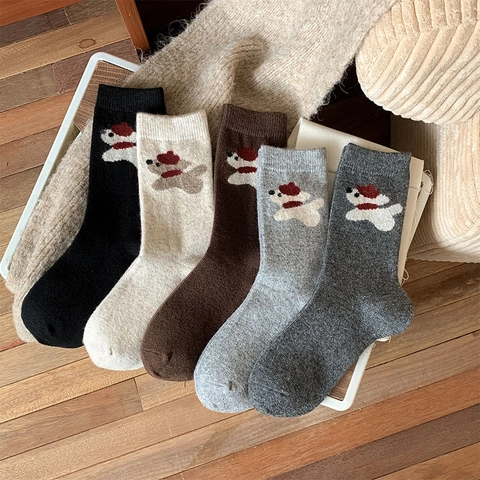 Damen Wollmischung Mittellange Socken Cartoon Hund Bär Jacquard Gerippt Verdickt Warm Herbst Winter Koreanischer Stil Süß