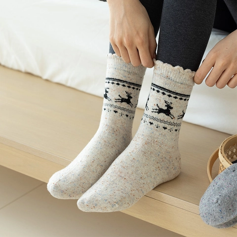 Calze In Maglia Misto Lana Da Donna Calde Invernali Crew Socks Dolce Renna Cuore Fiocco Bordo A Volant Filato Nep