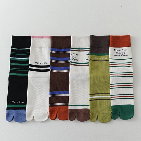 Women Split Toe Tabi Socks Cotton Blend Striped Contrast Color Mid Calf Socks Japanese Style Breathable Letter Print