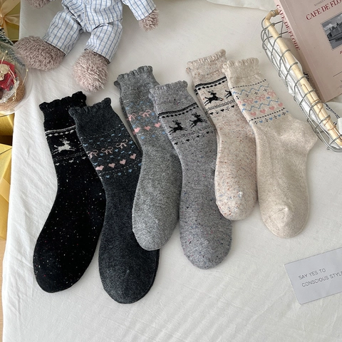 Calze In Maglia Misto Lana Da Donna Calde Invernali Crew Socks Dolce Renna Cuore Fiocco Bordo A Volant Filato Nep
