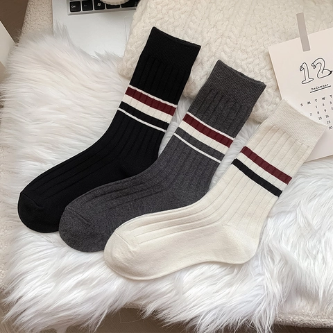 Damen Crew Socken Wollmischung Rippstrick Dick Warm Gestreift Britischer Stil Wadenlang Slouch Socken Casual