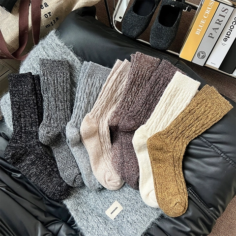 Calze Slouch Donna Misto Lana Spesse Calde Treccia Metà Polpaccio Inverno Retro Stile Giapponese Traspirante