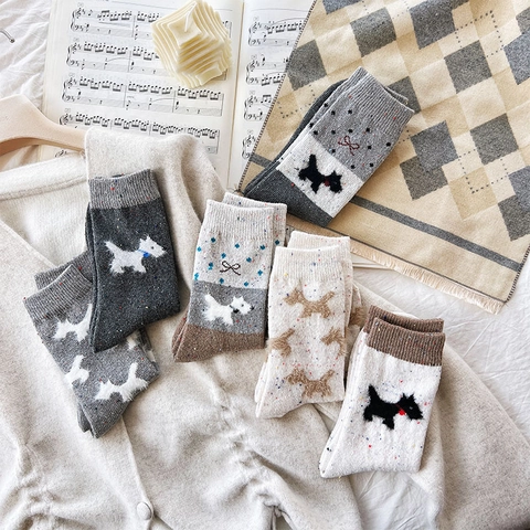 Japanischer Stil Wollmischung Crew Socken Damen Winter Warm Verdickt Melierte Garn Hundemuster Schleife Kawaii Vintage