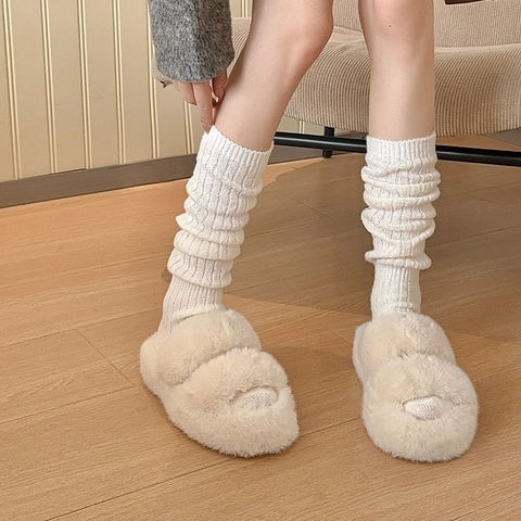 Calcetines Slouch Para Mujer Estilo Japonés De Punto De Canalé Vertical Color Sólido Gruesos Cálidos Otoño Invierno