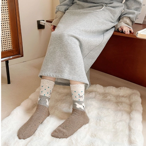 Japanischer Stil Wollmischung Crew Socken Damen Winter Warm Verdickt Melierte Garn Hundemuster Schleife Kawaii Vintage
