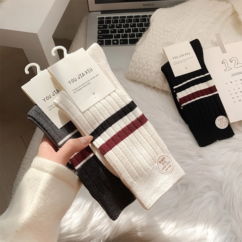 Damen Crew Socken Wollmischung Rippstrick Dick Warm Gestreift Britischer Stil Wadenlang Slouch Socken Casual