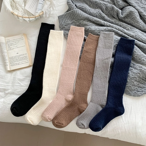 Calcetines Slouch Para Mujer Estilo Japonés De Punto De Canalé Vertical Color Sólido Gruesos Cálidos Otoño Invierno