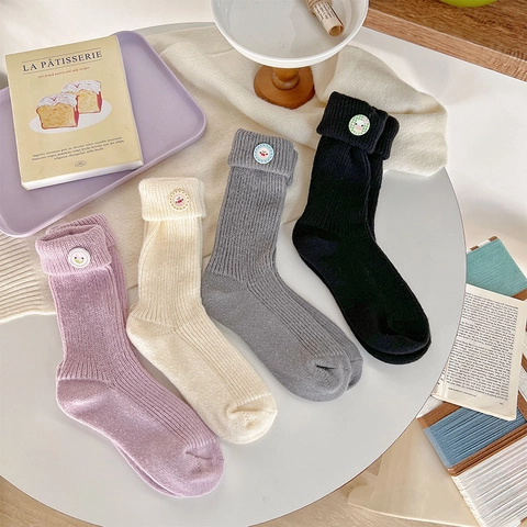 Women Mid-Calf Socks Knitted Ribbed Thick Warm Winter Sweet Japanese Style Fold-Over Cuff With Cartoon Button Decor