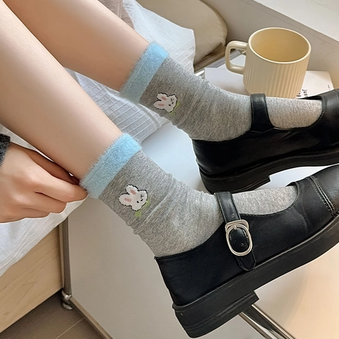 Calze Al Polpaccio Donna Cotone Con Polsini In Pelliccia Sintetica Ricamo Coniglio Carino Stile Giapponese Inverno Caldo