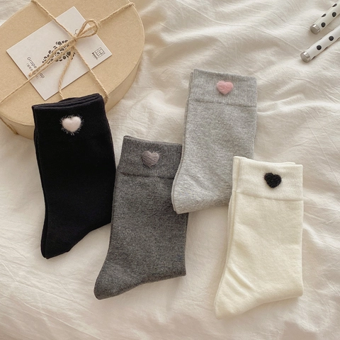 Women Cotton Blend Slouch Crew Socks With Plush Heart Patch Korean Sweet Style Ribbed Elastic Mid Calf Hosiery
