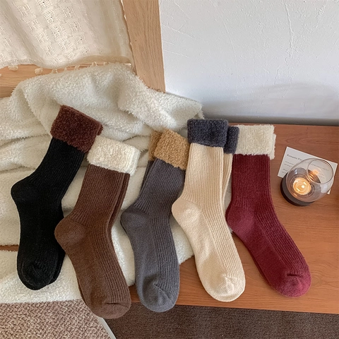 Women Wool Blend Slouch Socks Thickened Warm Ribbed Knit Mid-Tube With Faux Sherpa Plush Foldable Cuff Color Block