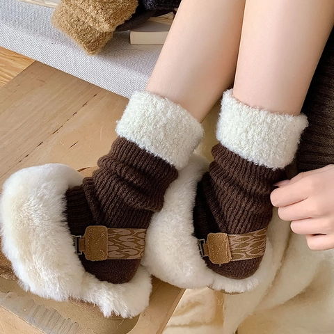 Women Wool Blend Slouch Socks Thickened Warm Ribbed Knit Mid-Tube With Faux Sherpa Plush Foldable Cuff Color Block