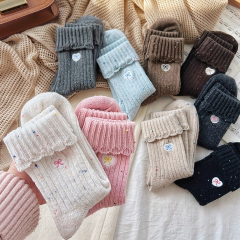 Women Crew Socks Wool Blend Confetti Speckled Yarn Heart Bow Embroidery Ribbed Cuffed Winter Warm Japanese Sweet Style
