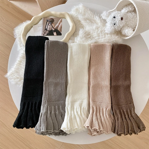 Knitted Leg Warmers Women Balletcore Ruffle Flare Hem Ribbed Slouch Socks Solid Color Winter Warm Acrylic Accessory