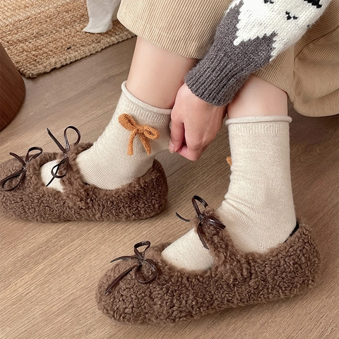Women Mid Tube Slouch Socks Cotton Knit With Knit Bowknot Japanese Sweet Style Solid Color Breathable Comfortable