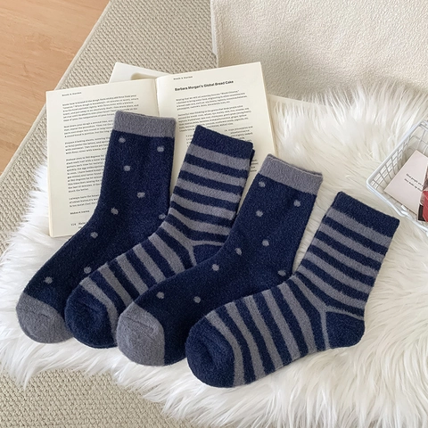 Calze Al Polpaccio Donna Spesse Peluche Pile Corallo Righe Pois Calde Morbide Casa Sonno Inverno Stile Giapponese