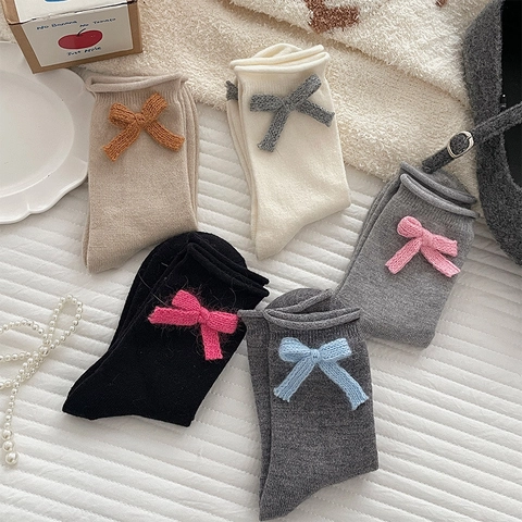Women Mid Tube Slouch Socks Cotton Knit With Knit Bowknot Japanese Sweet Style Solid Color Breathable Comfortable