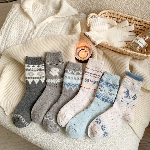 Damen Wollmischung Strick Crew Socken Dick Warm Winter Retro Japanischen Stil Schneemann Schneeflocke Geometrische Muster