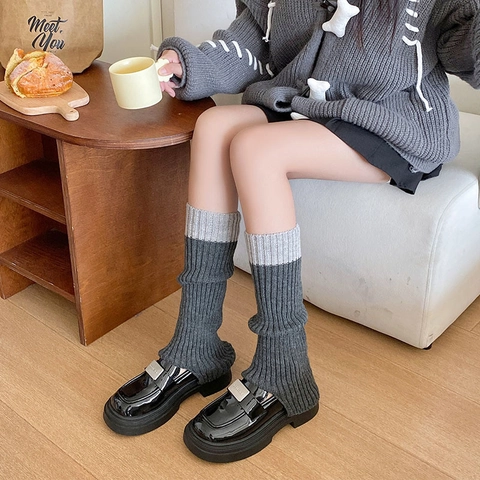 Leg Warmers Knitted Acrylic Spliced Color Warm Autumn Winter Slouch Socks Japanese JK Style For Women