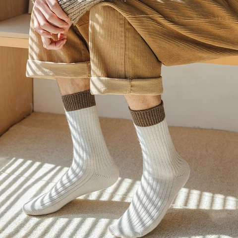 Heren Wolmix Sokken Verdikte Warme Geribde Gebreide Color Block Manchetten Japanse Eenvoudige Winter Casual Sokken