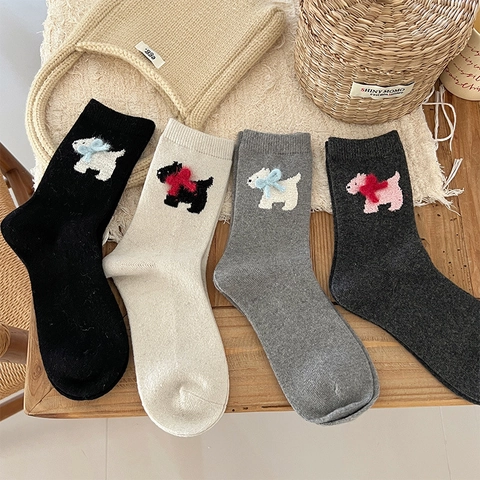 Women Mid Calf Slouch Socks Thickened Warm Knit Wool Blend Cartoon Dog Pattern Decorative Bow Japanese Kawaii Winter Socks