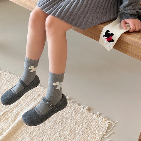 Women Mid Calf Slouch Socks Thickened Warm Knit Wool Blend Cartoon Dog Pattern Decorative Bow Japanese Kawaii Winter Socks