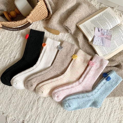 Damen Socken Wolle Mischung Crew Verdickt Warm Rippenstrick Häkeln Herz Aufnäher Süß Koreanisch Winter