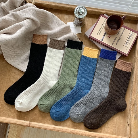 Heren Wolmix Sokken Verdikte Warme Geribde Gebreide Color Block Manchetten Japanse Eenvoudige Winter Casual Sokken