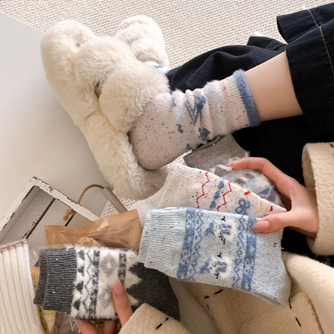 Damen Wollmischung Strick Crew Socken Dick Warm Winter Retro Japanischen Stil Schneemann Schneeflocke Geometrische Muster