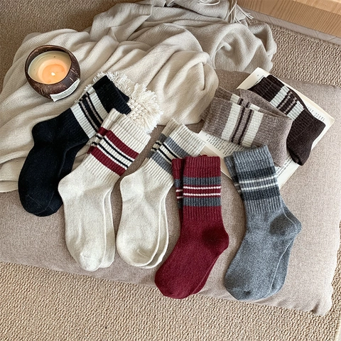 Damen Crew Socken Wollmischung Dick Warm Winter Gestreift Retro Japanischen Stil Gemütlich
