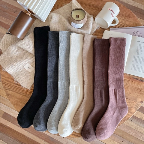 Calze Alte In Misto Lana Stile Giapponese Maglia A Coste Spesse Calde Traspiranti Inverno Donna Tinta Unita