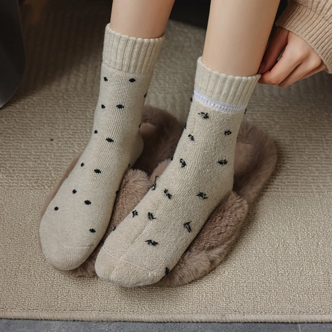 Damen Crew Socken Wollmischung Verdikt Warm Winter Thermal Polka Dot Muster Retro Strick Wadenhoch Weich Bequem