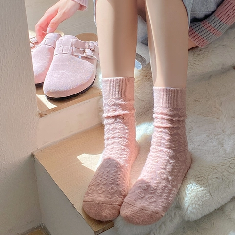 Calcetines De Punto Mezcla De Lana Para Mujer Relieve 3D Patrón De Ondas Gruesos Cálidos Invierno Retro Color Sólido