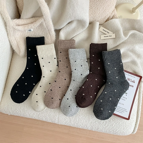 Damen Crew Socken Wollmischung Verdikt Warm Winter Thermal Polka Dot Muster Retro Strick Wadenhoch Weich Bequem