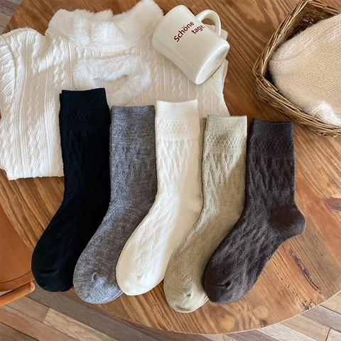 Heart Relief Mid-Calf Socks Thick Warm Wool Blend Winter Autumn Solid Color Japanese Retro Style Knit For Women