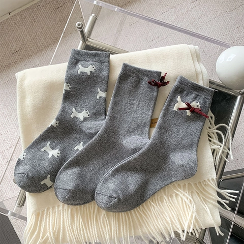Women Mid Calf Slouch Socks Cotton Blend Knit Cute Puppy Pattern Sweet Bow Accent Japanese Style Soft Breathable