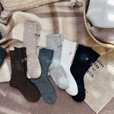 Damen Wadenlange Socken Wollmischung Rüschensaum Schleife Stickerei Rippstrick Dick Warm Winter Japanischer Stil