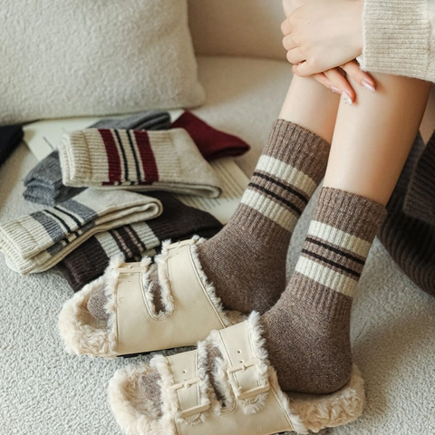 Damen Crew Socken Wollmischung Dick Warm Winter Gestreift Retro Japanischen Stil Gemütlich